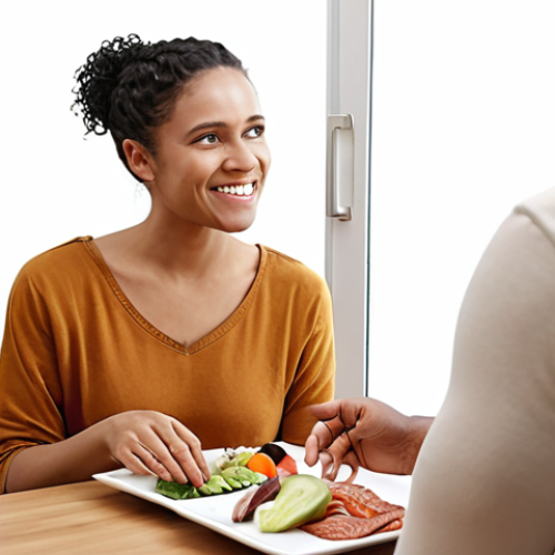 Home 11 **Image:** A diet mentor consulting with a client, showcasing clear communication and a positive attitude. Focus on empathy and understanding.