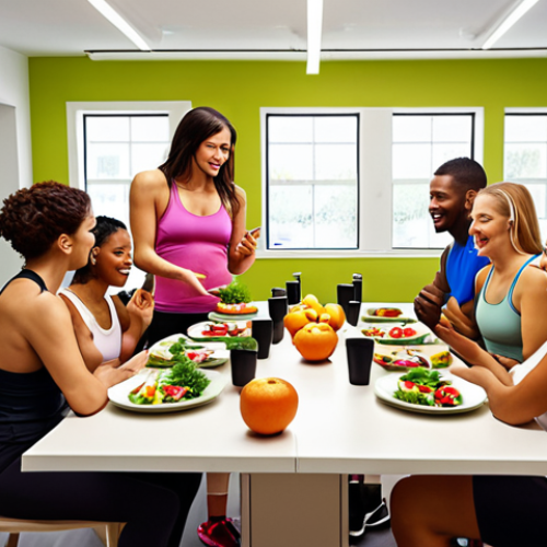 Home 6 **
A diverse group of people engaging with a friendly dietitian/diet coach (male or female). The scene should depict a modern, inviting space, possibly a fitness center or wellness studio, with healthy food options visible. The overall mood should be positive and encouraging, emphasizing the growing demand for diet coaches in today's health-conscious world.
**