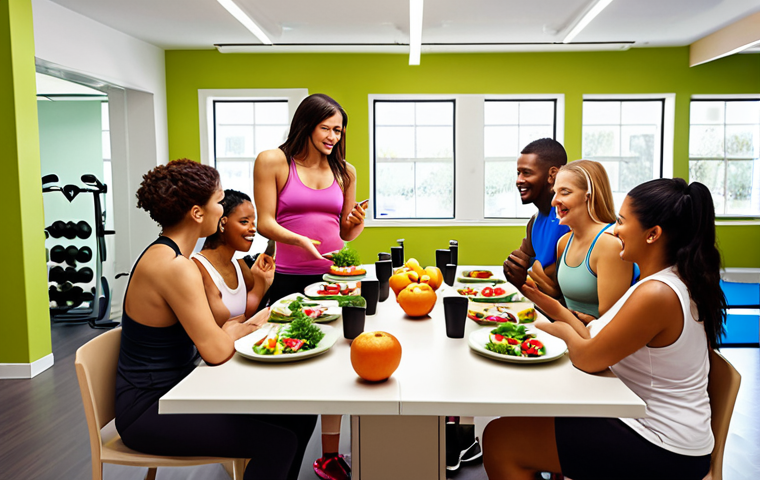 **
A diverse group of people engaging with a friendly dietitian/diet coach (male or female). The scene should depict a modern, inviting space, possibly a fitness center or wellness studio, with healthy food options visible. The overall mood should be positive and encouraging, emphasizing the growing demand for diet coaches in today's health-conscious world.
**